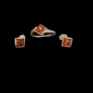 Vintage Amber Sterling Silver Earrings and Ring Size 7. Womens,Minimalist